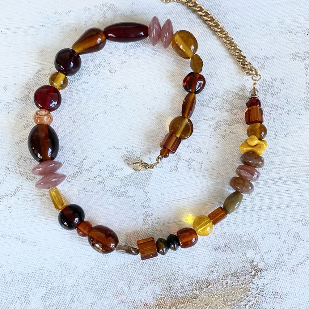 New! Anthropologie Feels Like Fall XL Beaded GemStone Necklace Chocolate Brown